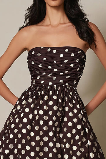 Robe bustier trapèze en satin à pois marron foncé